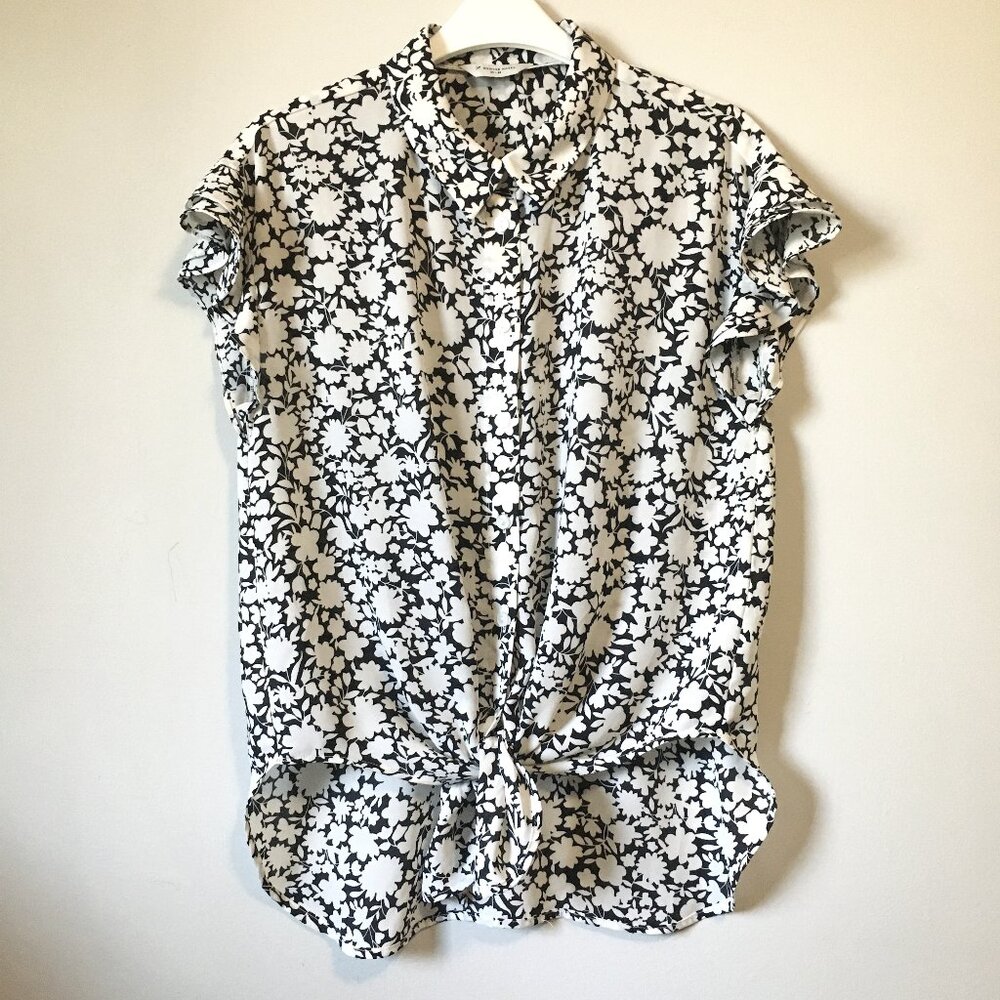 Denver Hayes Floral Chiffon Blouse Twist Hem Flutter Sleeve M